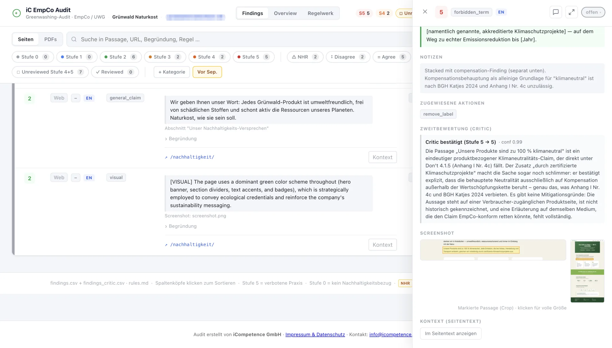 Oberfläche des EmpCo Audit: Befundliste mit Risikostufen, Zitaten, Fundstellen und Zweitbewertung